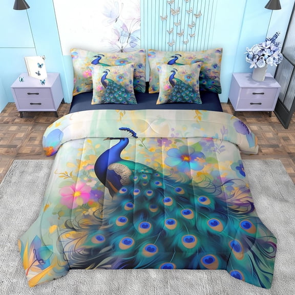 Feelyou 3D Peacock Animal Bedding Comforter Set 7pcs, Western Flower Floral King Bedding Sets, Vintage Art Fashion Reversible Bed Sheets, Ultra Soft Bedroom Decor