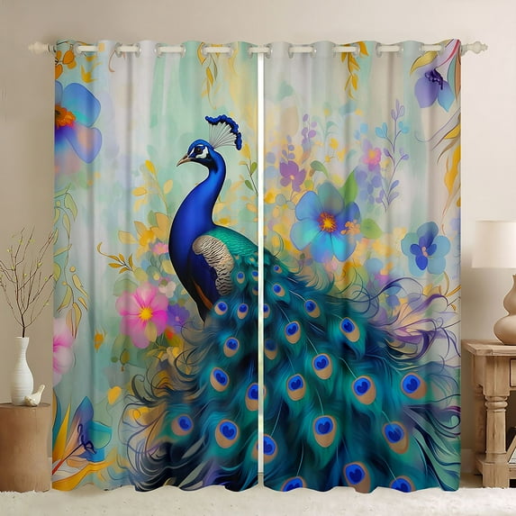 Feelyou 3D Peacock Animal Black Out Curtains, Western Flower Floral Curtains Pack of 2 (42x63 Each), Vintage Art Fashion Bedroom Curtains, Black Out Curtains Decor