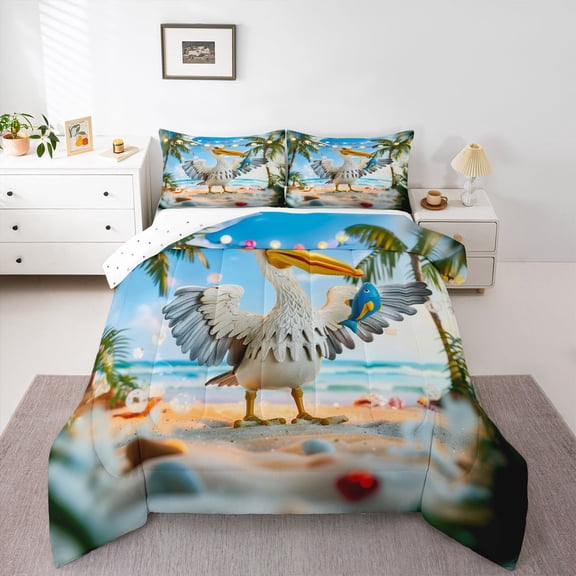 Feelyou 3D Pelicans Animal Twin Comforter Sets, Beach Coconut Tree Bedding Set, 2 Pieces