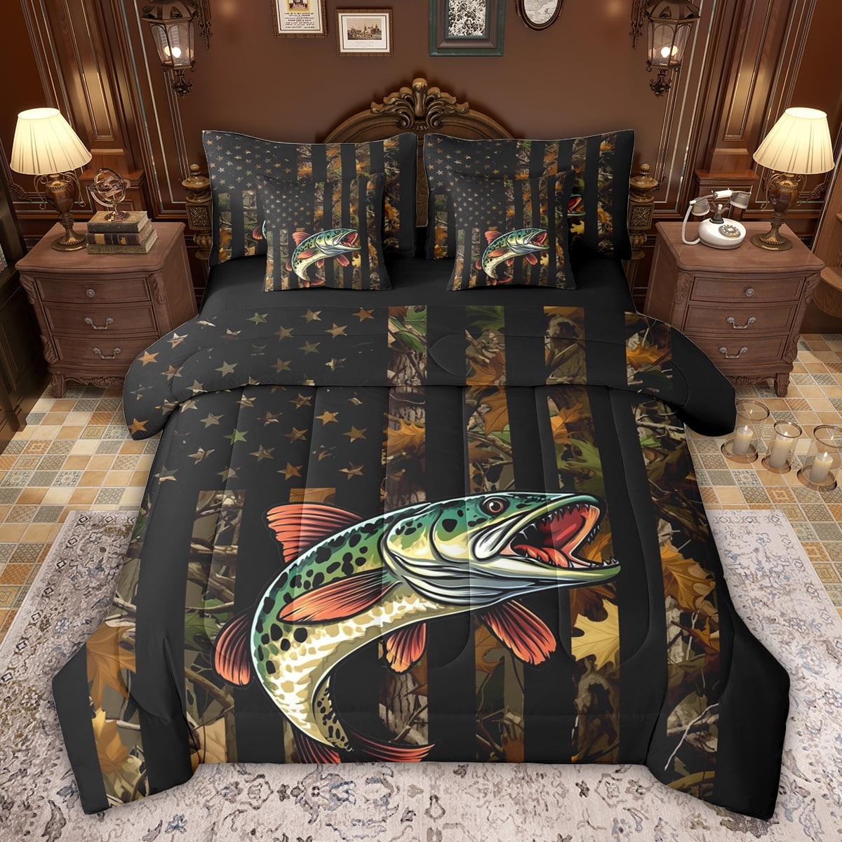 bass pro shops reel fish bedding Set Queen Size, Boys Hunting Fishing Comforter Cover Retro Big Pike Fish Duvet Cover Rustic Farmhouse Bedspread Cover Sea Animal Ocean Bed Sets For Kids Teens Adult Men Your favorite reel is your pride and joy White River Home Riverview Lodge