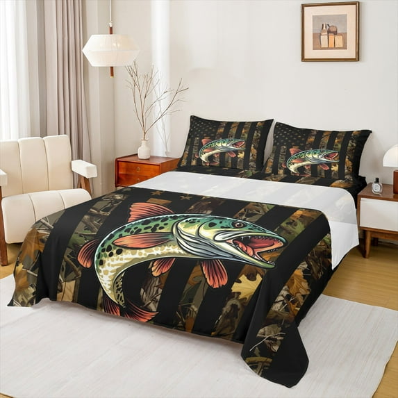 Feelyou 3D Pike Fish Full Size Sheets for Teens, Branches Botanical Bed Sheets, Hunting and Fishing Sheet Sets, Ultra Soft Bedroom Decor, 4-Piece