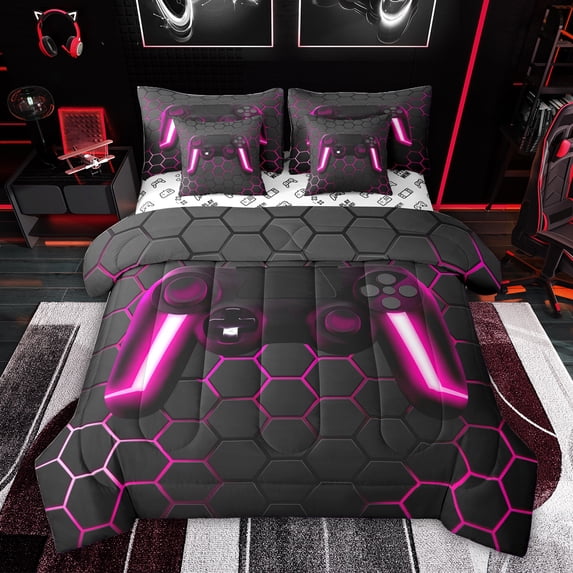 Feelyou 3D Pink Gamepad Bedding Comforter Set 7pcs for Boy, Video Games Controller Queen Bedding Sets, Neon Gradient Honeycomb Reversible Queen Sheet Sets, Super Cozy Room Decor