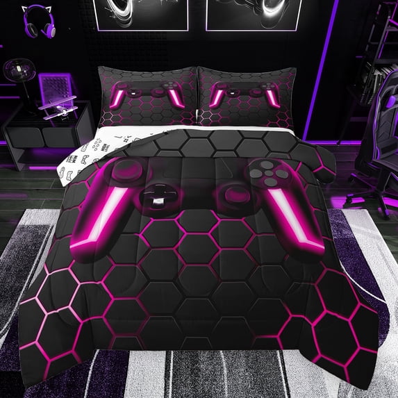 Feelyou 3D Pink Gamepad Full Size Comforter Sets for Boy, Video Games Controller Bedding Comforter Set, Neon Gradient Honeycomb Reversible Bedding Sets, Super Cozy Room Decor, 3pcs