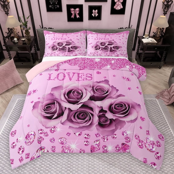 Feelyou 3D Pink Rose Full Size Comforter Sets for Couple, Romantic Valentine's Day Bedding Comforter Set, Glitter Fashion Diamond Reversible Bedding Sets, Super Cozy Room Decor, 3pcs