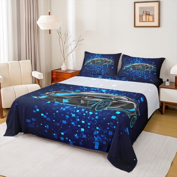Feelyou 3D Racing Car Queen Sheet Sets for Kids, Blue Futuristic Square Flat Sheet, Fashion Automobile Queen Fitted Sheet, Luxury Bedroom Decor, 4 Pieces
