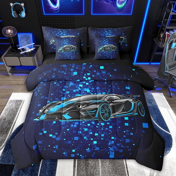 Feelyou 3D Racing Car Twin Bedding Sets 7-Piece for Kids, Blue Futuristic Square Bedding Comforter Set, Fashion Automobile Reversible Sheet Sets, Luxury Bedroom Decor