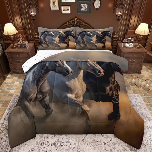 Feelyou 3D Racing Horse Queen Comforter Set for Adult, Hippie Western Animal Bedding Sets, Rustic Farmhouse Reversible Bedding Comforter Set, Ultra Soft Bedroom Decor, 3 Pieces