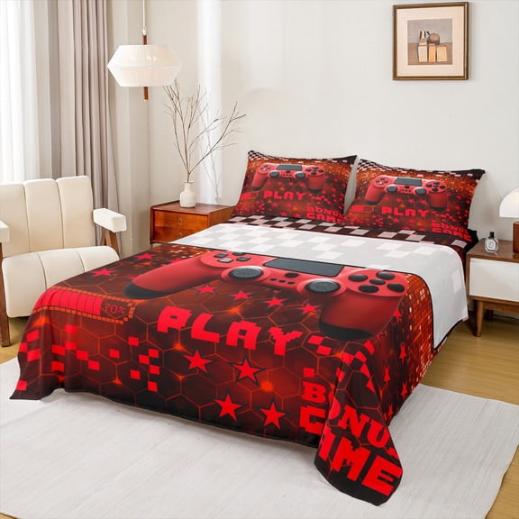 Feelyou 3D Red Gamepad Bed Sheets for Kids, Neon Glowing Honeycomb King Sheets, Cartoon Stars Square Sheet Set, Lightweight Room Decor, 4-Piece
