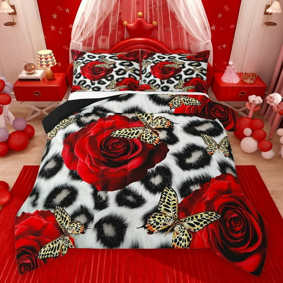 Feelyou 3D Red Rose Bedding Comforter Set for Women, Romantic Butterfly Animal Twin Comforter Sets, 2-Piece