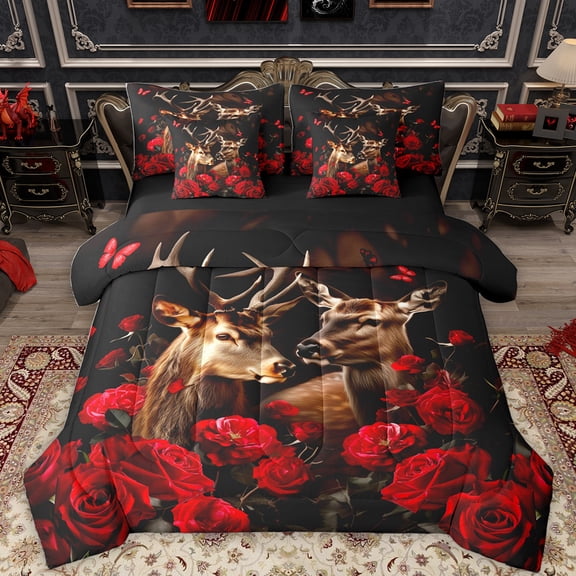 Feelyou 3D Reindeer Moose Bedding Comforter Set 7 Pieces for Women, Rustic Red Rose Flower Full Bedding Set, Anniversary Theme Reversible Fitted Sheet Flat Sheet, Microfiber Bedroom Decor
