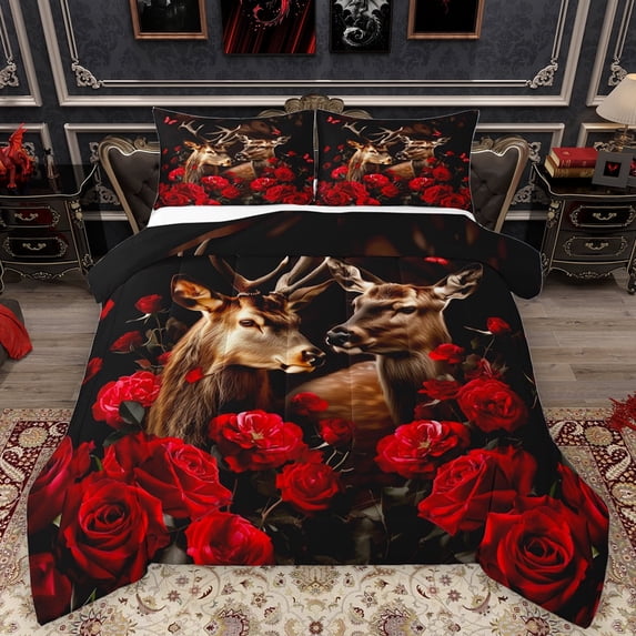 Feelyou 3D Reindeer Moose Bedding Comforter Set for Women, Rustic Red Rose Flower Twin Comforter Sets, Anniversary Theme Reversible Bedding Set, Microfiber Bedroom Decor, 2pcs
