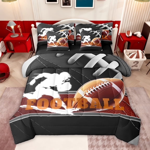 Feelyou 3D Rugby Football Twin Bedding Sets 7-Piece for Teen, Eat Soccer Sleep Bedding Comforter Set, Cartoon Sports Theme Reversible Sheet Sets, Super Cozy Room Decor