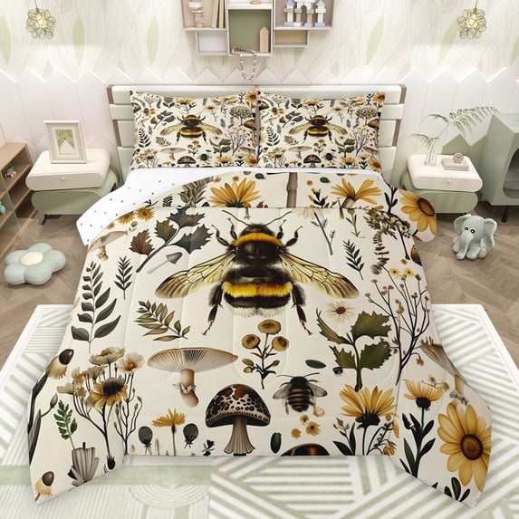 Feelyou 3D Rustic Bee Bedding Comforter Set for Kids, Mandala Jungle Floral Twin Comforter Sets, Tribal Western Mushroom Reversible Bedding Set, Lightweight Room Decor, 2 Pieces