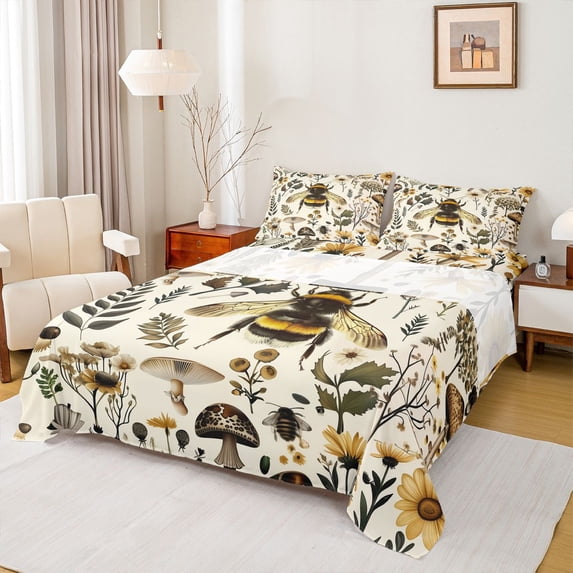Feelyou 3D Rustic Bee Queen Sheet Sets for Kids, Mandala Jungle Floral Flat Sheet, Tribal Western Mushroom Queen Fitted Sheet, Lightweight Room Decor, 4 Pieces