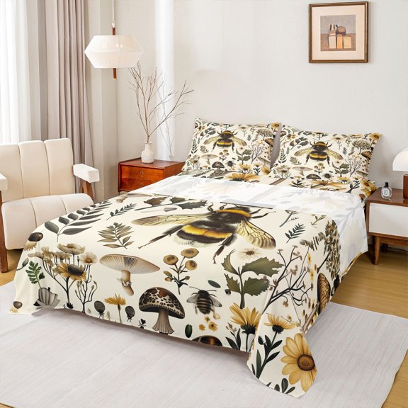 Feelyou 3D Rustic Bee Twin Sheet Sets for Kids, Mandala Jungle Floral Twin Fitted Sheet, Tribal Western Mushroom Flat Sheet, Lightweight Room Decor, 3 Pieces