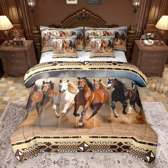 Feelyou 3D Rustic Horse Bedding Comforter Set 7pcs, Hippie Bohemian Aztec Queen Bedding Sets, Farmhouse Western Animal Reversible Queen Sheet Sets, Breathable Home Decor