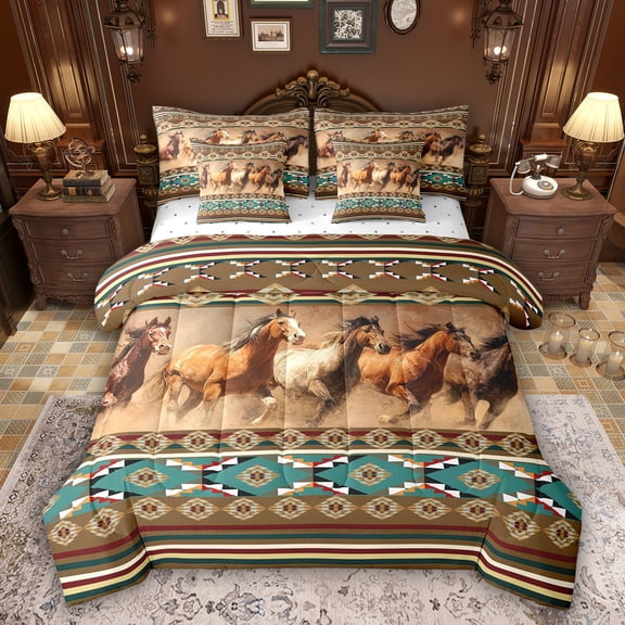 Feelyou 3D Rustic Horse Bedding Comforter Set 7pcs, Hippie Boho Aztec King Bedding Sets