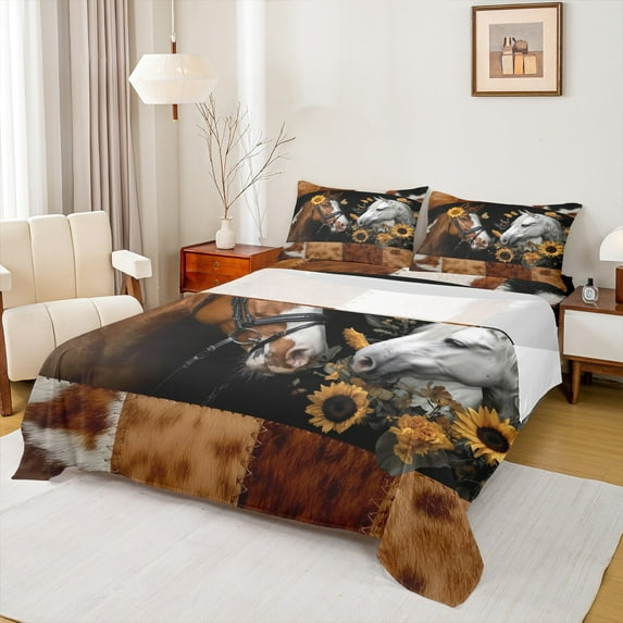 Feelyou 3D Rustic Horse Full Size Sheets, Farmhouse Animal Bed Sheets, Cow Print Patchwork Sheet Sets, Super Cozy Room Decor,4-Piece