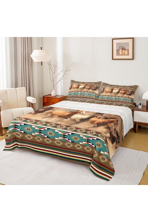 3D Rustic Horse Queen Sheet Sets, Hippie Boho Aztec Bed Set, 4-Piece