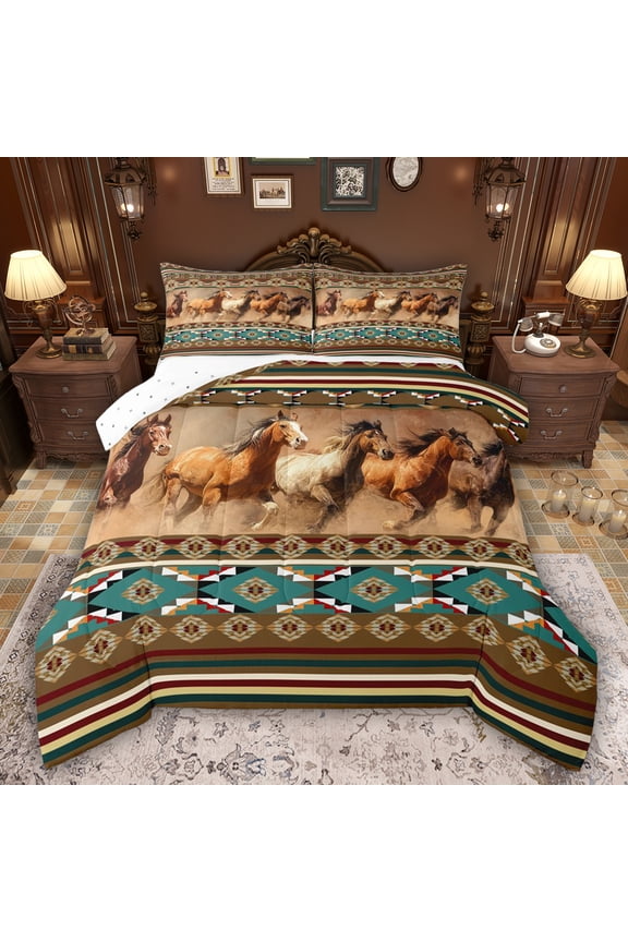 3D Rustic Horse Twin Comforter Sets, Hippie Boho Aztec Bedding Set, 2-Piece