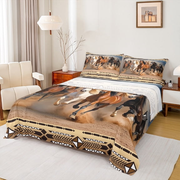 Feelyou 3D Rustic Horse Twin Sheet Sets, Hippie Bohemian Aztec Twin Fitted Sheet, Farmhouse Western Animal Flat Sheet, Breathable Home Decor, 3-Piece