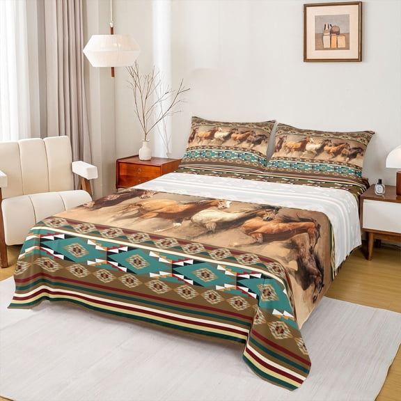 Feelyou 3D Rustic Horse Twin Sheet Sets, Hippie Boho Aztec Bedding, 3-Piece