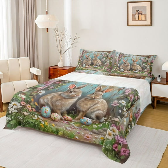 Feelyou 3D Rustic Rabbit Bed Sheets for Teens, Cute Easter Egg King Sheets, Farmhouse Groovy Floral Sheet Set, Microfiber Bedroom Decor, 4pcs