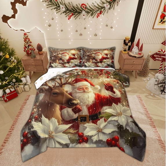 Feelyou 3D Santa Claus 01, Rustic Reindeer Flower Twin Comforter Sets, Dreamy Winter Christmas Reversible Bedding Set, Super Cozy Room Decor, 2pcs