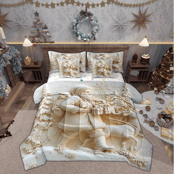 Feelyou 3D Santa Claus Bedding Comforter Set 7pcs, Dreamy Fairy Tale King Bedding Sets, Christmas Reindeer Reversible Bed Sheets, Lightweight Room Decor