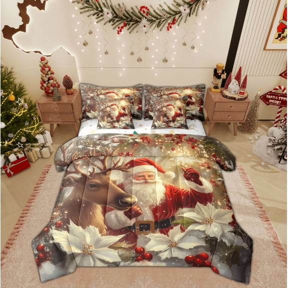 Feelyou 3D Santa Claus Bedding Comforter Set 7pcs, Rustic Reindeer Flower King Bedding Sets, Dreamy Winter Christmas Reversible Bed Sheets, Super Cozy Room Decor