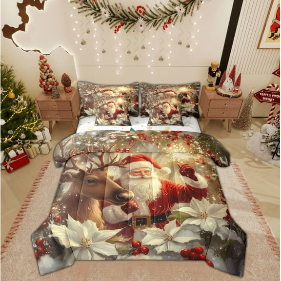 Feelyou 3D Santa Claus Bedding Comforter Set 7pcs, Rustic Reindeer Flower Queen Bedding Sets, Dreamy Winter Christmas Reversible Queen Sheet Sets, Super Cozy Room Decor