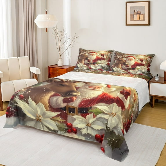 Feelyou 3D Santa Claus Full Size Sheets, Rustic Reindeer Flower Bed Sheets, Dreamy Winter Christmas Sheet Sets, Super Cozy Room Decor, 4pcs
