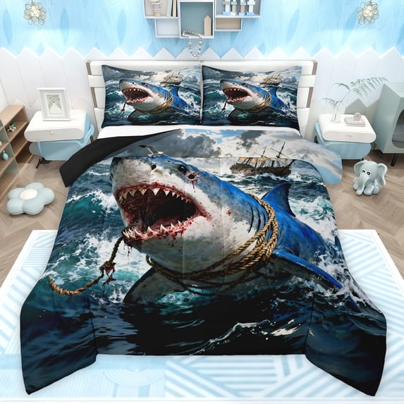 Feelyou 3D Sea Shark Child Full Size Comforter Sets, Hunting Fishing Bedding Sets, 3pcs