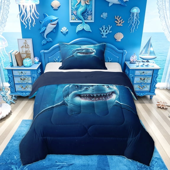 Feelyou 3D Sea Shark Twin Comforter Sets for Boys Kids, Blue Ocean Wildlife Bedding Set, Blue Reversible, 2 Pieces