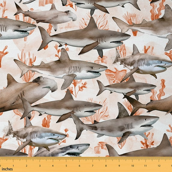 Feelyou 3D Shark Teens Fabric by the Yard 1 Yard, Underwater World Home Decor Fabric by the Yard, Cartoon Marine Coral Sewing Fabric, Ultra Soft Home Decor