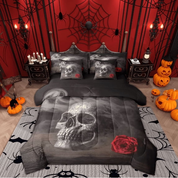 Feelyou 3D Skeleton Bedding Comforter Set 7pcs for Lover, Gothic Romantic King Bedding Sets, Anniversary Rose Flower Reversible Bed Sheets, Super Cozy Room Decor