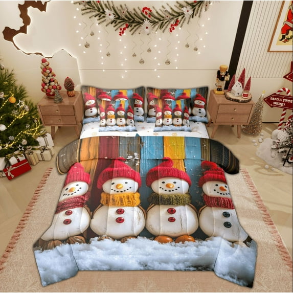 Feelyou 3D Snowman Bedding Comforter Set 7pcs for Kids, Merry Christmas King Bedding Sets, Western Festival Reversible Bed Sheets, Lightweight Room Decor