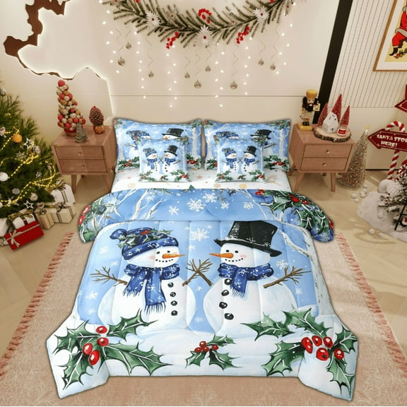 Feelyou 3D Snowman Bedding Comforter Set 7pcs for Kids, Merry Christmas King Bedding Sets, Western Festival Reversible Bed Sheets, Luxury Bedroom Decor