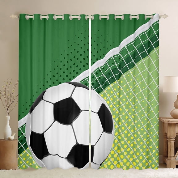 Feelyou 3D Soccer Kids Blackout Curtains Set of 2 (52x84 Each), Cartoon Football Sport Window Curtains, Square Dots Geometric Curtains and Drapes, Window Curtains Home Decor
