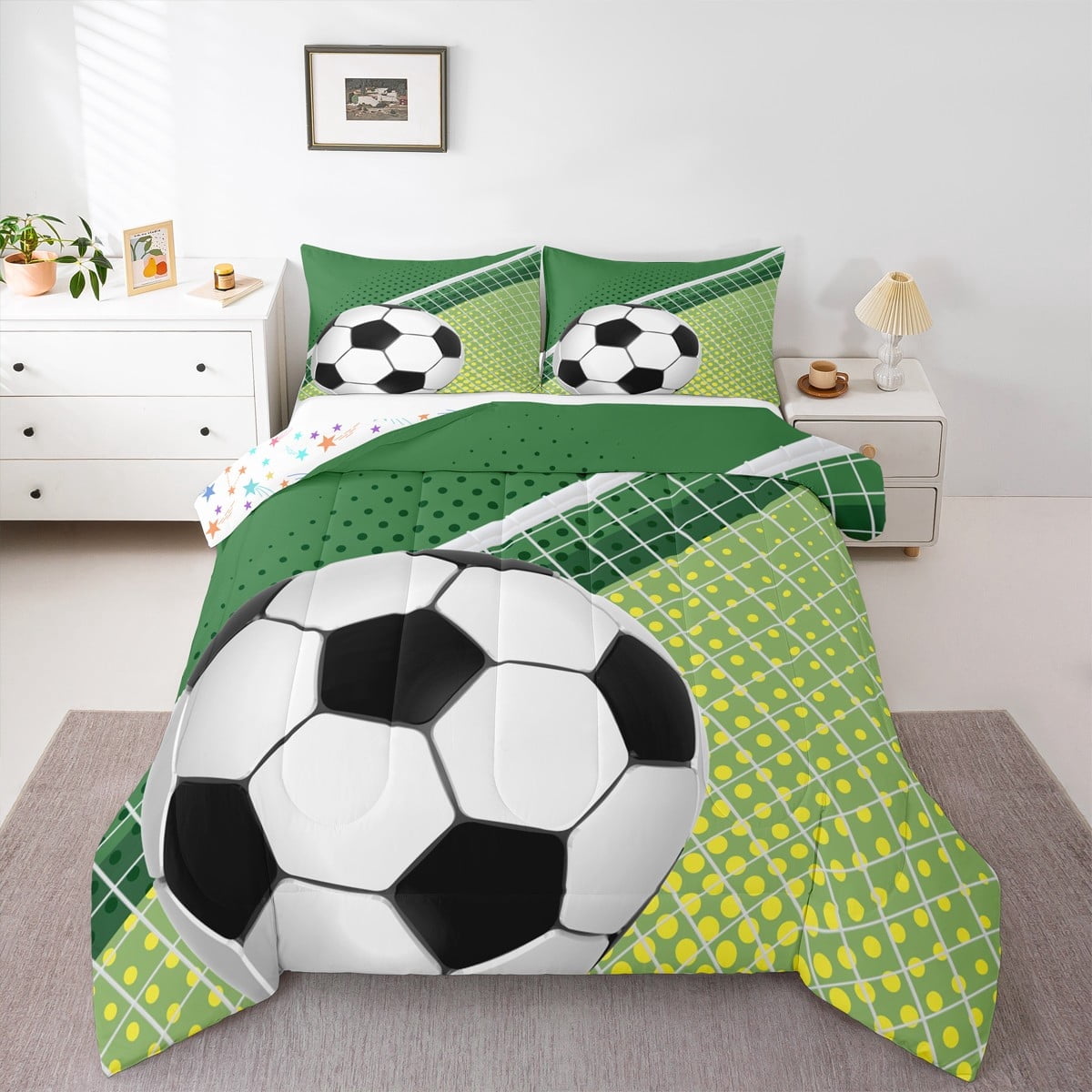 Feelyou 3D Soccer Kids Full Size Comforter Sets, Cartoon Football Sport Bedding Comforter Set, Square Dots Geometric Reversible Bedding Sets, Breathable Home Decor, 3-Piece