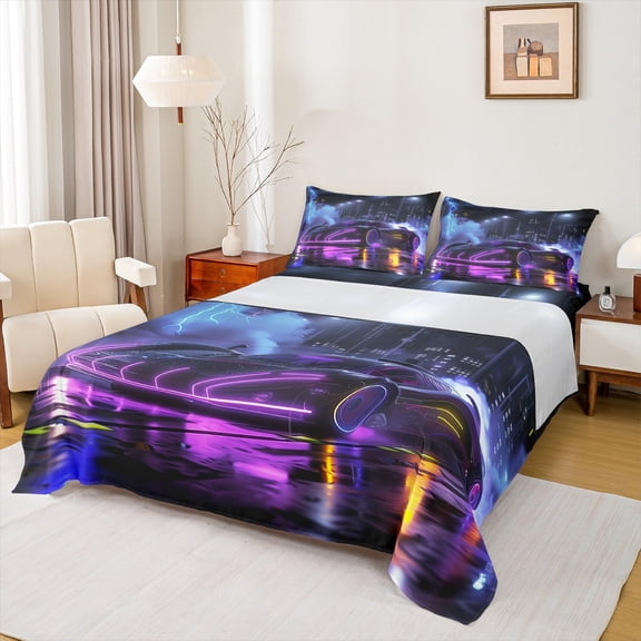 Feelyou 3D Sport Car Twin Sheet Sets for Boy, Modern Speed Sports Player Twin Fitted Sheet, Purple Automobile Flat Sheet, Lightweight Room Decor, 3 Pieces