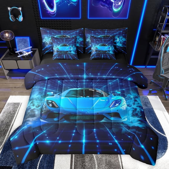 Feelyou 3D Sport Race Car Bedding Comforter Set 7pcs for Boy, Neon Blue Racing Car King Bedding Sets, Futuristic Square Stripes Reversible Bed Sheets, Ultra Soft Bedroom Decor