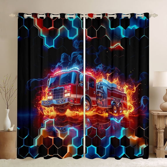 Feelyou 3D Vehicle Car Blackout Curtains Set of 2 (52x84 Each), Fire Fighting Truck Window Curtains, Neon Gradient Honeycomb Curtains and Drapes, Blackout Curtains Room Decor