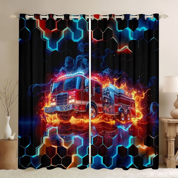 Feelyou 3D Vehicle Car Curtains Pack of 2 (42x84 Each), Fire Fighting Truck Curtains Blackout, Neon Gradient Honeycomb Bedroom Curtains, Blackout Curtains Room Decor
