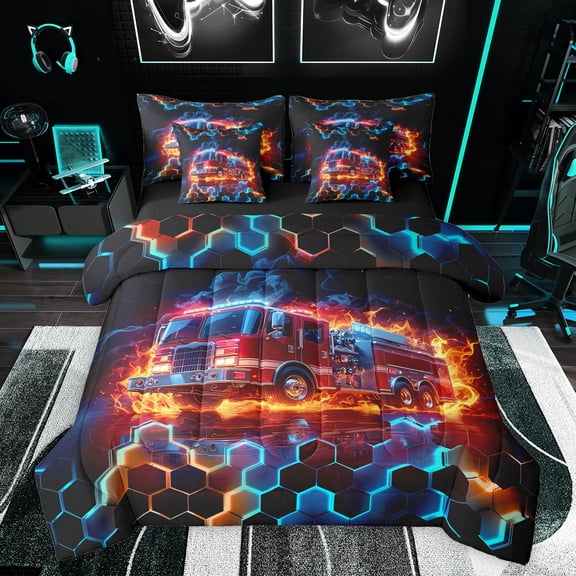 Feelyou 3D Vehicle Car Twin Bedding Sets 7-Piece, Fire Fighting Truck Bedding Comforter Set, Neon Gradient Honeycomb Reversible Sheet Sets, Super Cozy Room Decor