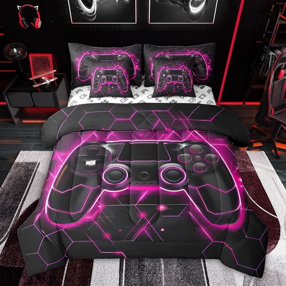Feelyou 3D Video Gamepad Bedding Comforter Set 7pcs for Kids, Modern Gaming Gamer Player Queen Bedding Sets, Pink Neon Honeycomb Reversible Queen Sheet Sets, Breathable Home Decor