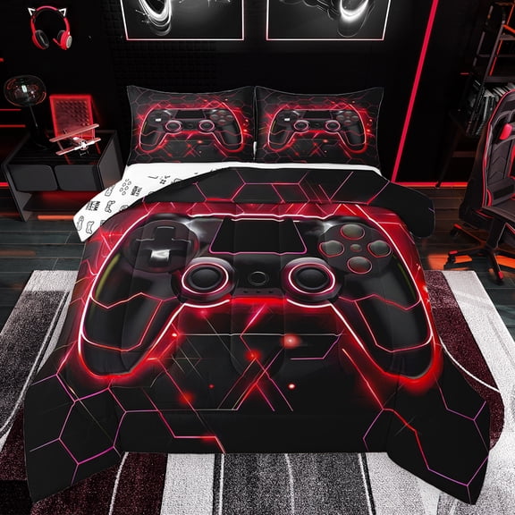 Feelyou 3D Video Gamepad Full Size Comforter Sets for Kids, Modern Gaming Gamer Player Bedding Comforter Set, Red Neon Honeycomb Reversible Bedding Sets, Breathable Home Decor, 3pcs