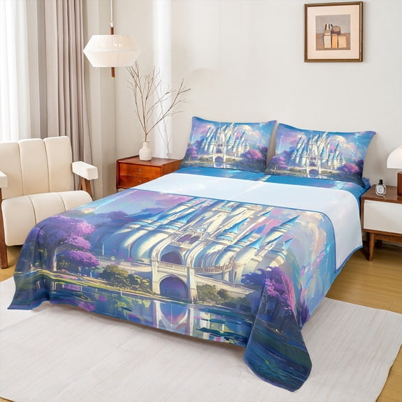 Feelyou 3D Western Castle Bed Sheets for Kids, Dreamy Stars Galaxy King Sheets, Kawaii Princess Sheet Set, Microfiber Bedroom Decor, 4-Piece
