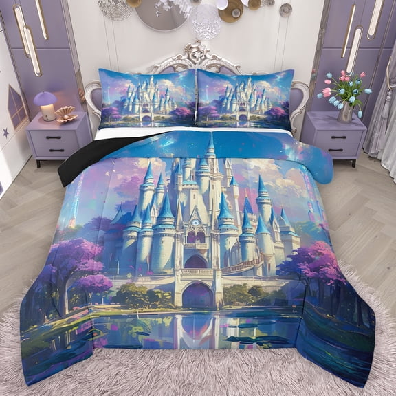 Feelyou 3D Western Castle Queen Comforter Set for Kids, Dreamy Stars Galaxy Bedding Sets, Kawaii Princess Reversible Bedding Comforter Set, Microfiber Bedroom Decor, 3-Piece