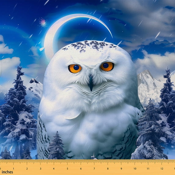 Feelyou 3D White Owl Fabric by the Yard 3 Yards, Winter Tree Mountain Sewing Fabric, Mystic Moon Home Decor Fabric by the Yard, Breathable Home Decor